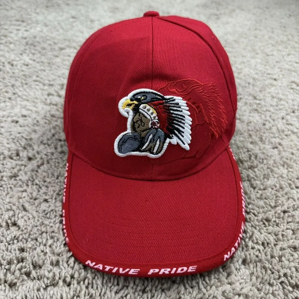 Native Pride American Indian Hat Red‎ Adjustable Strap Chief Feathers Eagle Cap